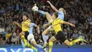 Penyerang Manchester City Erling Haaland mencetak gol kedua untuk timnya ke gawang  Borussia Dortmund pada laga kedua Grup G Liga Champions di Etihad Stadium, Manchester, Kamis (15/9/2022) dini hari WIB. Menjamu Borussia Dortmund di matchday kedua Liga Champions, Manchester City menang dramatis 2-1 setelah sempat tertinggal lebih dulu. (AP Photo/Dave Thompson)