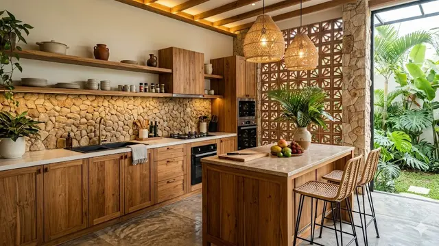 Desain Dapur Bergaya Tropis Modern Kombinasi Roster dan Batu Alam