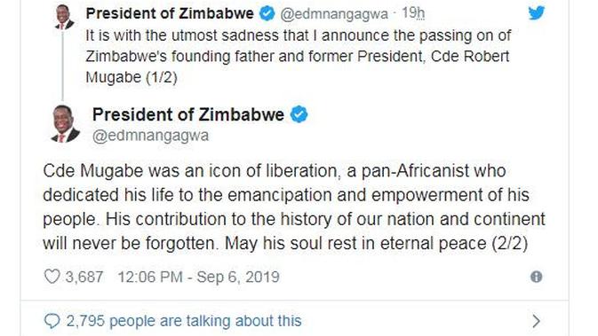 Pengumuman resmi kematian presiden kedua Zimbabwe Robert Mugabe. (Twitter)