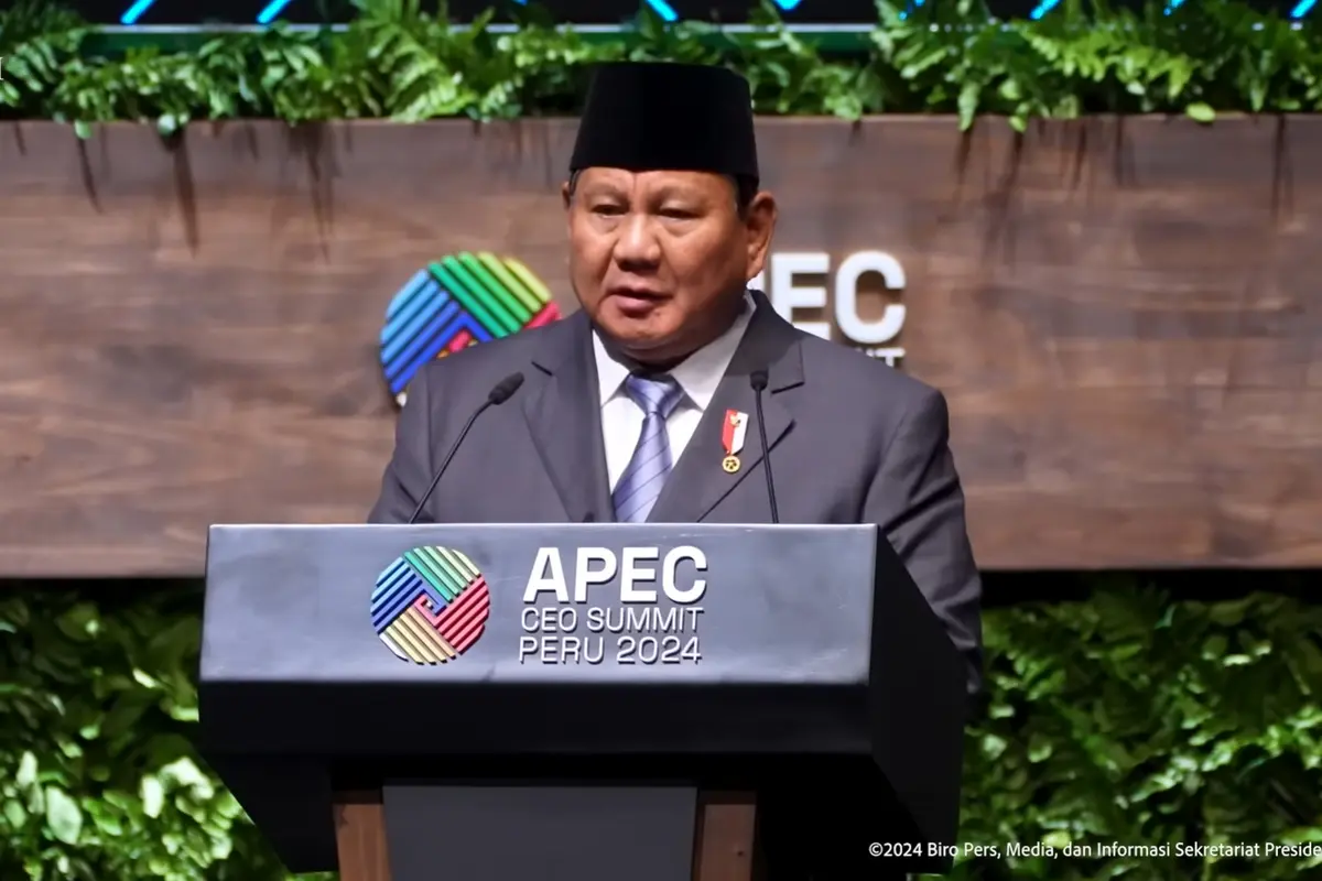 Presiden RI Prabowo Subianto saat menjadi pembicara kunci dalam Konferensi Tingkat Tinggi (KTT) Asia-Pasific Economic Cooperation (APEC) CEO Summit di Lima, Peru, Kamis, 14 November 2024.