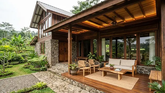 9 Contoh Rumah Desa Minimalis dengan Nuansa Kayu dan Batu Alam, Sentuhan Rustic Modern