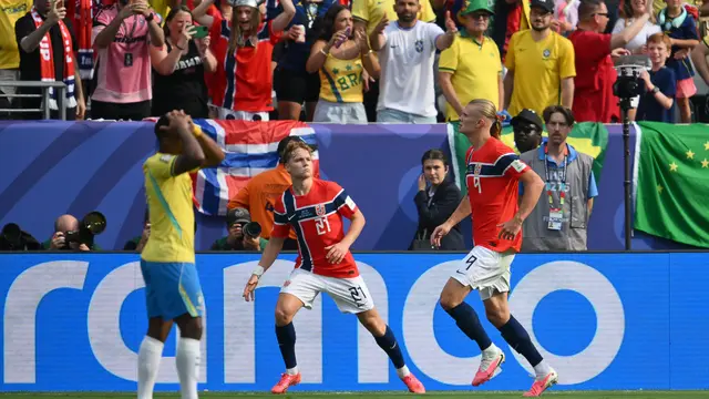 Perayaan gol Erling Haaland saat Norwegia mengalahkan Brasil di Piala Dunia 2026