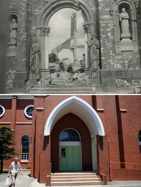 Katedral Urakami saat ini (bawah), Jepang,  (31/7/2015). Katedral ini mulai dibangun pada tahun 1895 sebelum hancur akibat bom Hiroshima.  (REUTERS/Shigeo Hayashi/Nagasaki Atomic Bomb Museum /Handout via Reuters /Issei Kato)
