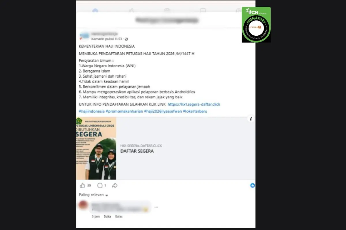 Cek Fakta Liputan6.com mendapati klaim link pendaftaran petugas haji 2026 yang digelar Kementerian Haji
