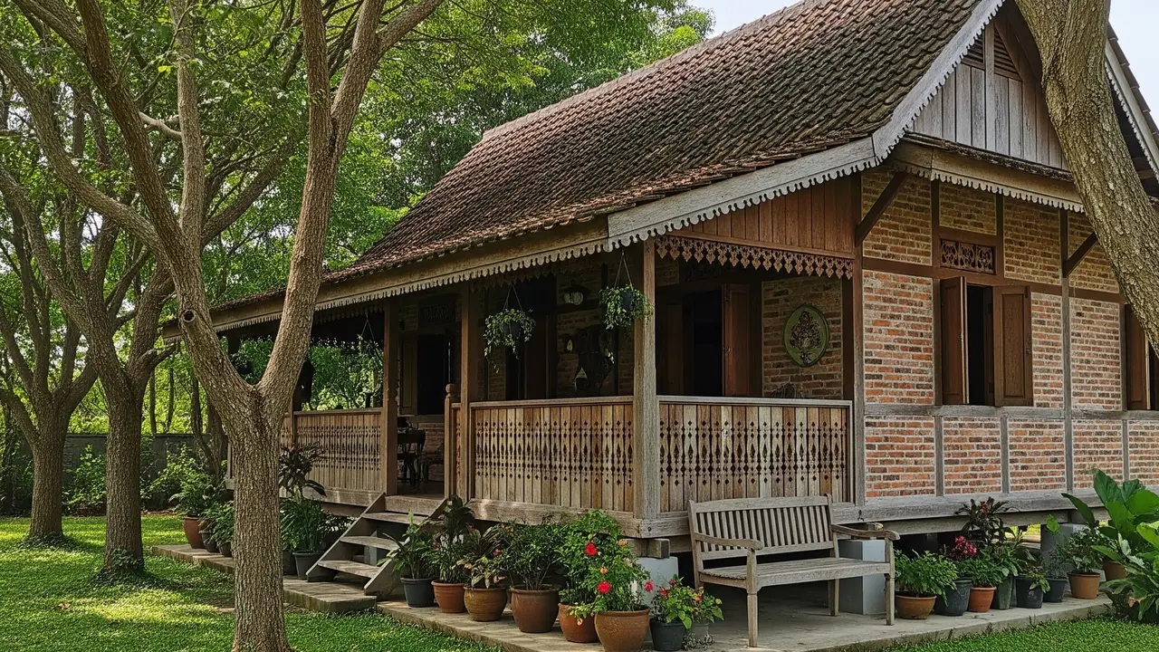 Rumah Kampung Kombinasi Kayu dan Bata Ekspos (Gemini AI)