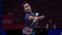 Tunggal putra Indonesia, Anthony Sinisuka Ginting berusaha mengembalikan bola di depan net saat menghadapi wakil Singapura, Loh Kean Yew pada babak perempatfinal Daihatsu Indonesia Masters 2024 di Istora Senayan, Jakarta, Jumat (26/1/2024). Anthony Ginting menang dua game langsung dengan skor 21-17, 21-19. (Bola.com/Bagaskara Lazuardi)