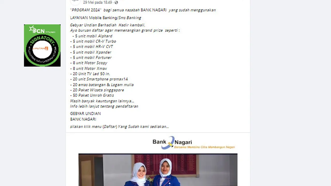 Tangkapan layar klaim pendaftaran undian berhadiah dari Bank Nagari
