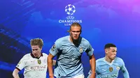 Liga Champions - Kevin De Bruyne, Erling Haaland, Phil Foden (Bola.com/Adreanus Titus)