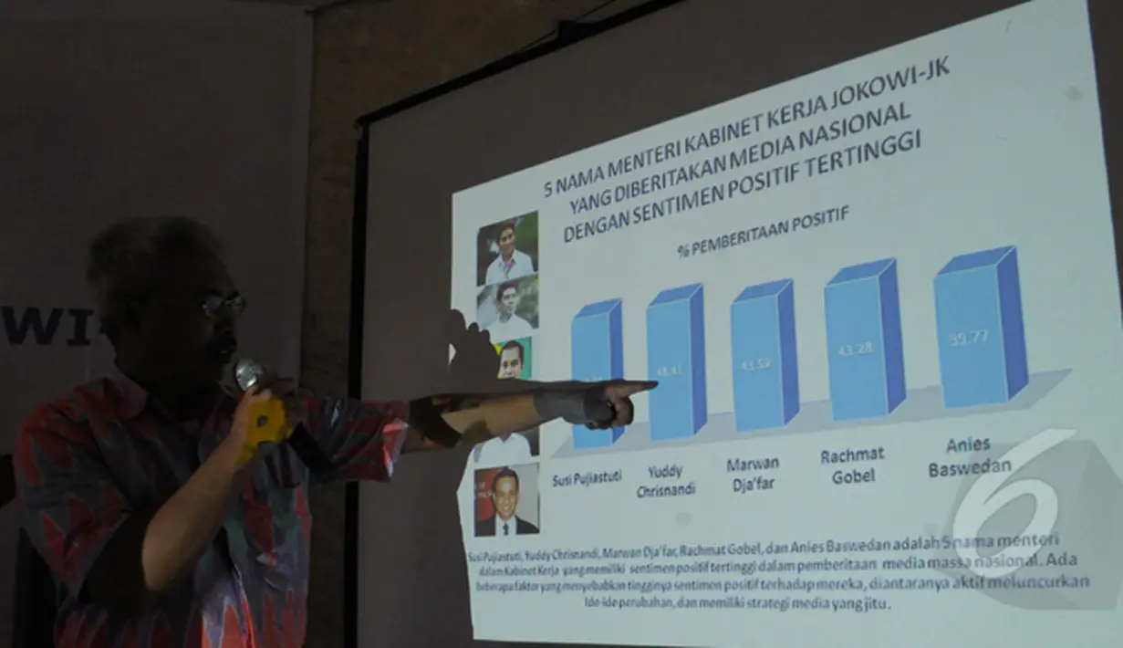 Menurut hasil riset LPK ada lima Menteri dari kabinet Jokowi-Jk meraih penilaian positif. Menteri Kelautan dan Perikanan Susi Pujiastuti menempati urutan pertama, Jakarta, Kamis (5/2/2015). (Liputan6.com/Andrian M Tunay)