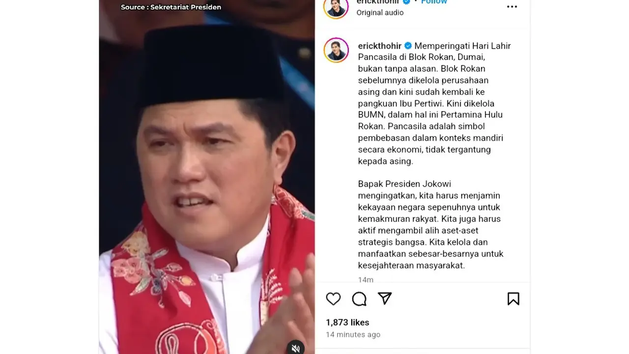 Unggahan Menteri BUMN Erick Thohir saat memperingati Hari Lahir Pancasila melalui akun Instagram @erickthohir, Sabtu (1/6/2024). (Arief/Liputan6.com)