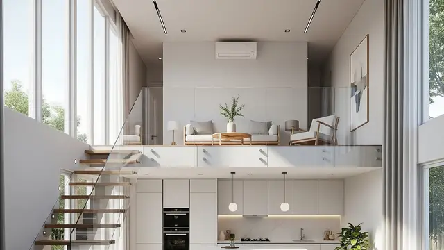 Mezzanine Terbuka dengan Railing Kaca Modern