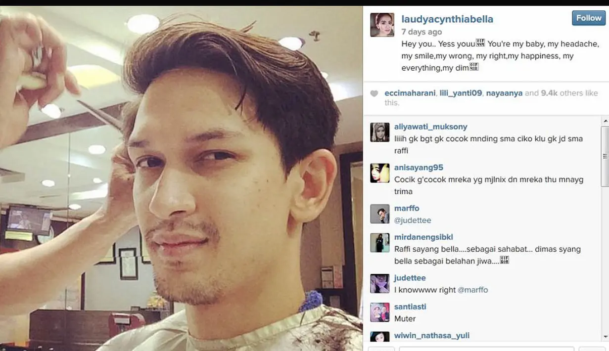 Pada 27 November 2014, Laudya Cynthia Bella tampak mengunggah foto Dimas yang tengah mencukur rambut di barber shop dengan caption yang romantis. (instagram.com/laudyacynthiabella)