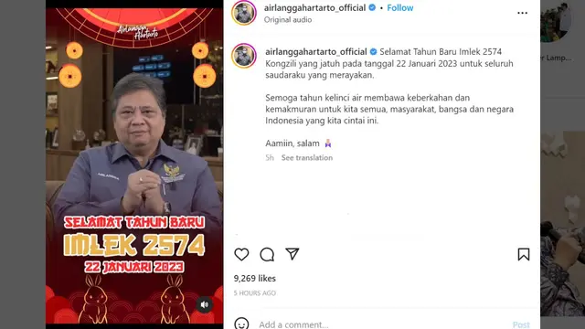 Ketua Umum Partai Golkar Airlangga Hartarto mengucapkan Selamat Tahun Baru Imlek 2023.