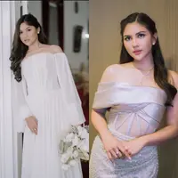 Kali ini, keduanya tampak sama-sama mengenakan dress off shoulder dengan rambut yang ditata serupa.