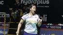 Felisha Pasaribu melakukan selebrasi usai mendapatkan poin saat bertanding pada babak 32 besar Indonesia Masters 2026 melawan wakil Denmark di Istora Senayan, Jakarta, Rabu (21/1/2026) siang. (Bola.com/Abdul Aziz)