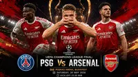 Cover tiga pemain Arsenal yang bisa menjadi ancaman bagi Paris Saint-Germain pada partai final Liga Champions. (Bola.com/AI Generated)