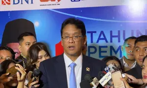 Menteri Keuangan (Menkeu) Purbaya Yudhi Sadewa dalam acara 1 Tahun Pemerintahan Prabowo-Gibran, di Jakarta, Kamis (16/10/2025). (Liputan6.com/Tira)