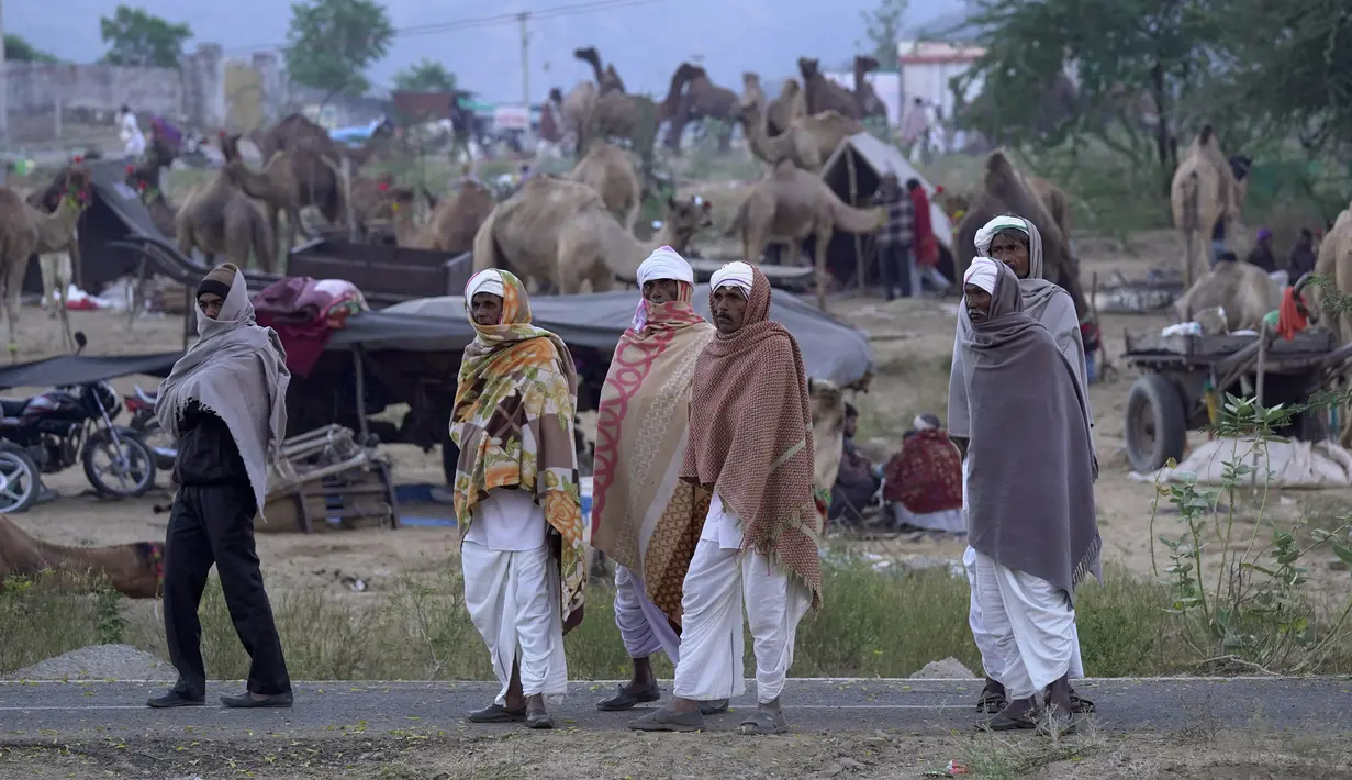 Penggembala unta berdiri berbalut syal saat pameran ternak tahunan di Pushkar, India, 11 November 2021. Pushkar adalah tempat ziarah Hindu populer yang juga sering dikunjungi oleh turis asing pada pameran ternak tahunannya. (AP Photo/Deepak Sharma)