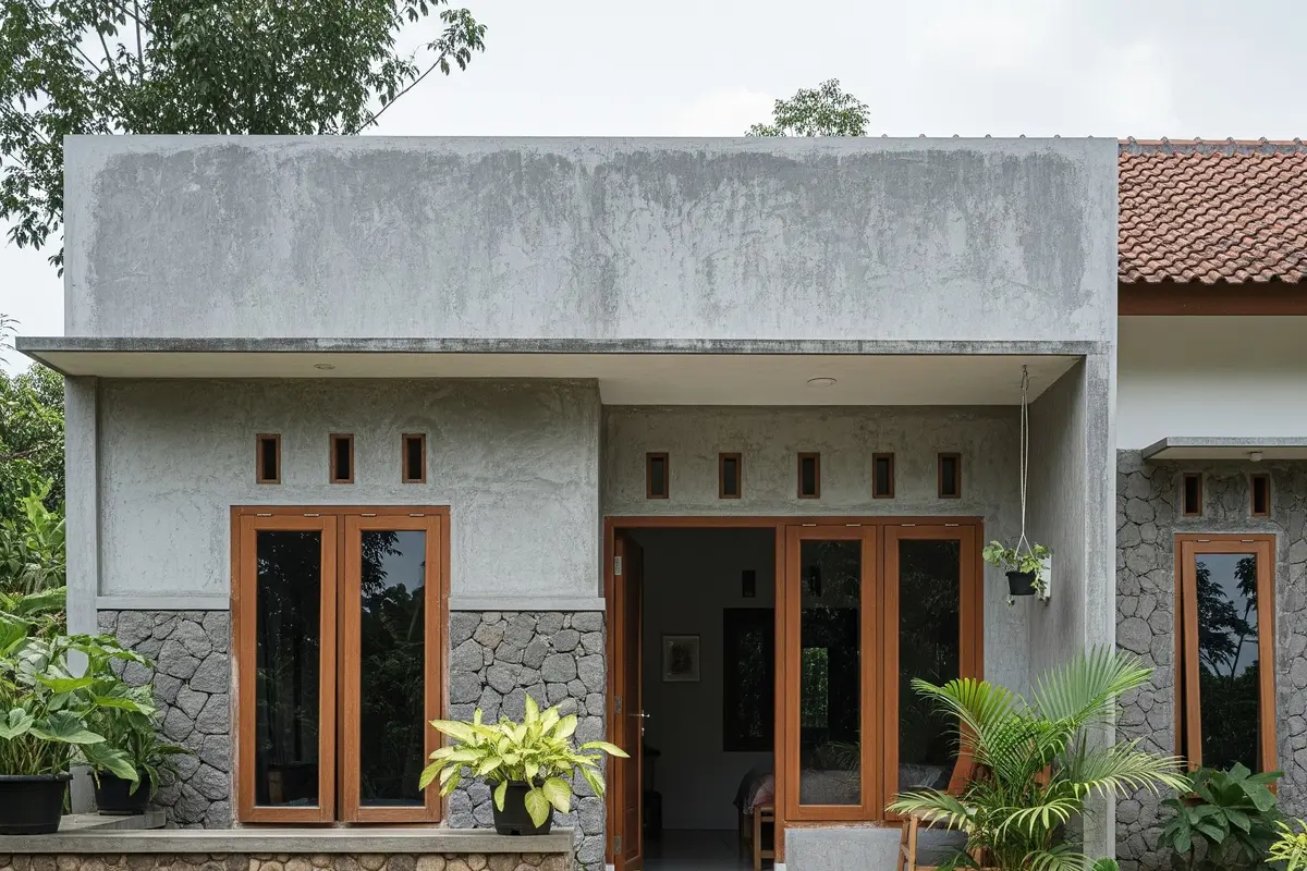 Desain Kombinasi Batu Alam dan Semen Kasar yang Bikin Rumah Kampung Lebih