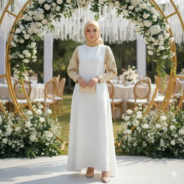 Model Gamis Cloud Dancer Kombinasi Gold untuk Kondangan Glamor