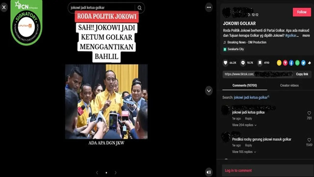 Gambar tangkapan layar foto yang diklaim Presiden ke-7 RI, Jokowi menjadi Ketua Umum Partai Golkar menggantikan Bahlil Lahadalia. (sumber: TikTok)