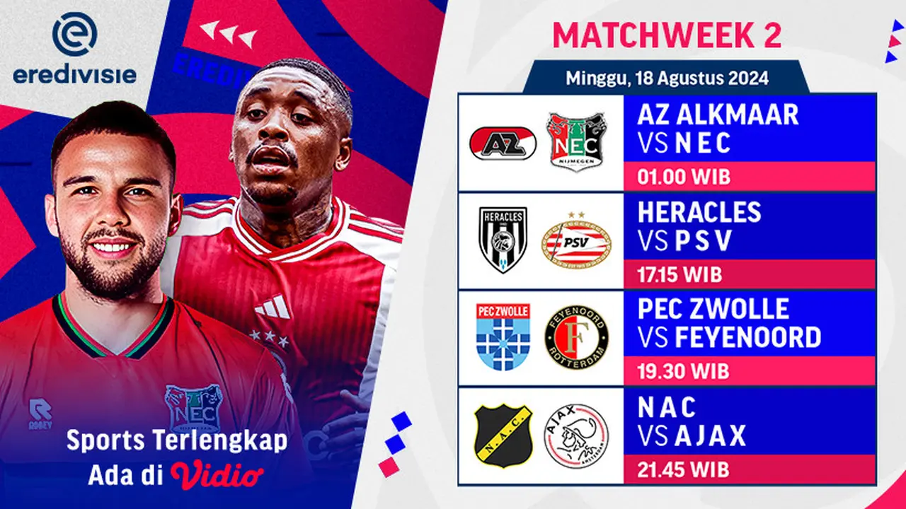 Jadwal Live Streaming Liga Belanda Eredivisie 2024/25 Week 2 di Vidio