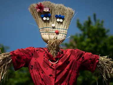 Sebuah orang-orangan sawah ditampilkan selama 'Scarecrows Fair' di Castellar, distrik Provinsi Cuneo, Italia, 10 Mei 2019. Dalam acara tahunan itu, penduduk membuat orang-orangan sawah kreasi mereka sendiri untuk dipajangkan di kebun, halaman, ladang dan persimpangan jalan. (MARCO BERTORELLO/AFP)