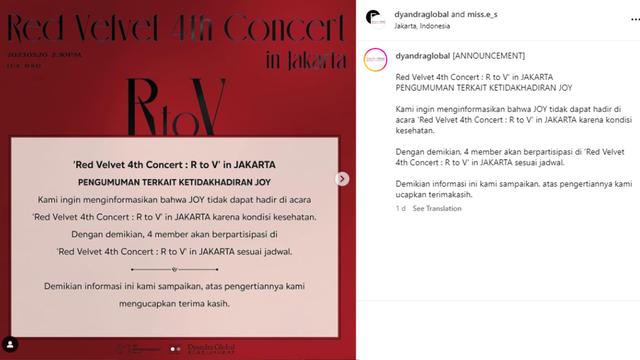 Konfirmasi promotor terkait ketidakhadiran Joy Red Velvet di Konser R to V in Jakarta