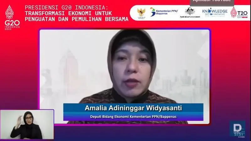 Deputi Bidang Ekonomi Kementerian PPN/Bappenas Amalia Adininggar Widyasanti, dalam webinar Presidensi G20 Indonesia : Transformasi Ekonomi untuk Penguatan dan Pemulihan Bersama, Kamis (24/2/2022).