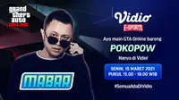 Live streaming Main Bareng GTA V Online bersama Pokopow, Senin (15/3/2021) pukul 15.00 WIB dapat disaksikan melalui platform Vidio, laman Bola.com, dan Bola.net. (Dok. Vidio)