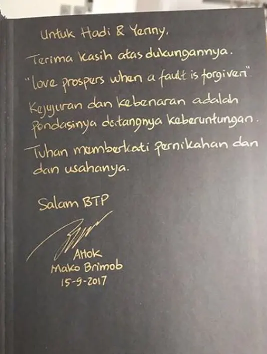 Surat Basuki Tjahaja Purnama (Ahok) untuk Hadi dan Yenny bertuliskan ucapan terima kasih dan dukungannya. (Instagram/@basukibtp)