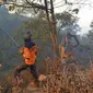 Petugas BPBD Kabupaten Kuningan berupaya melakukan pemadaman secara manual dengan membuat sekat bakar di kawasan Gua Walet Gunung Ciremai. Foto (Istimewa)