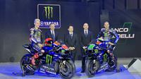 Yamaha Monster Energy memperkenalkan livery anyar yang akan digunakan pada MotoGP 2023 di Hotel St Regis, Jakarta, Selasa (15/1/2023). (Bola.com/Zulfirdaus Harahap)