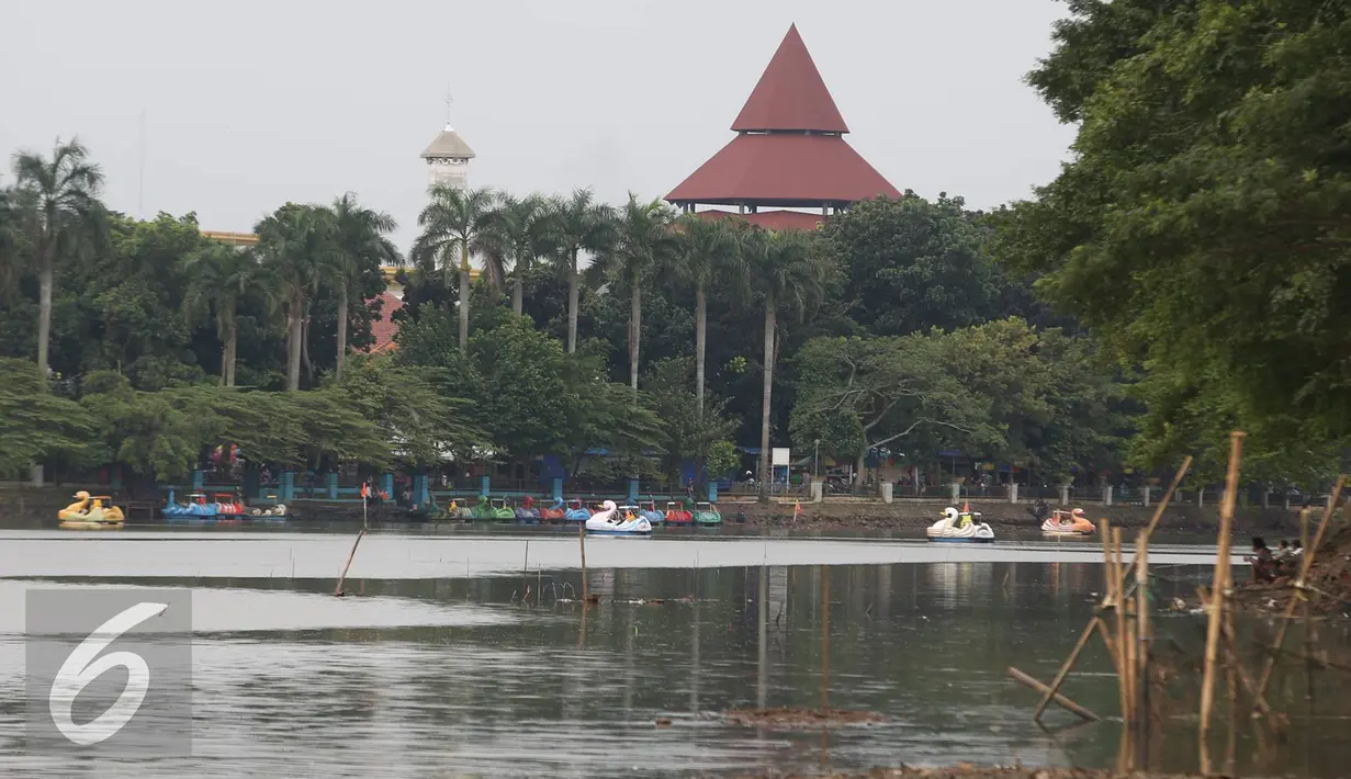 Sejumlah perahu bebek tampak di danau Setu Babakan, Jakarta, Jumat (25/11). Gubernur non-aktif DKI Jakarta Basuki Tjahaja Purnama memfokuskan dana pelestarian budaya Betawi di Unit Pelayanan Terpadu (UPT) Setu Babakan. (Liputan6.com/Immanuel Antonius)