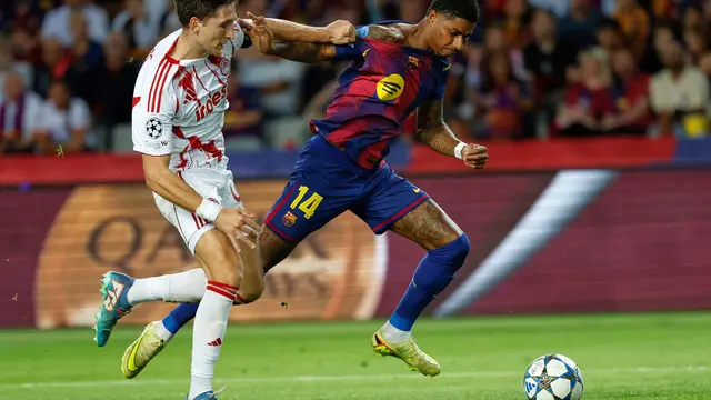 Aksi Marcus Rashford di laga Barcelona vs Olympiakos di matchday 3 league phase Liga Champions 2025/26 di Estadi Olimpic Lluis Companys, Rabu (22/10/2025).