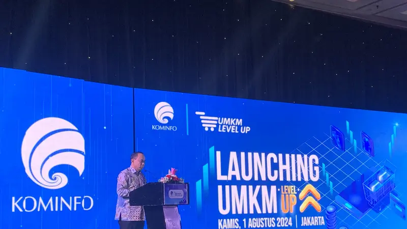 Menteri Komunikasi dan Informatika (Menkominfo) Budi Arie Setiadi dalam pidato di acara UMKM Level Up 2024 di Jakarta, Kamis (1/8/2024). (Tasha/Liputan6.com)