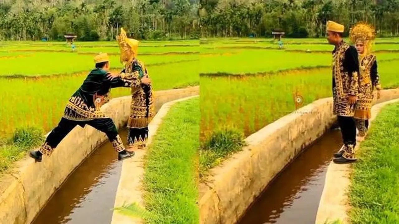 Kocak, Momen Apes Pasangan Pengantin Saat di Sawah Ini Bikin Sakit Pinggang