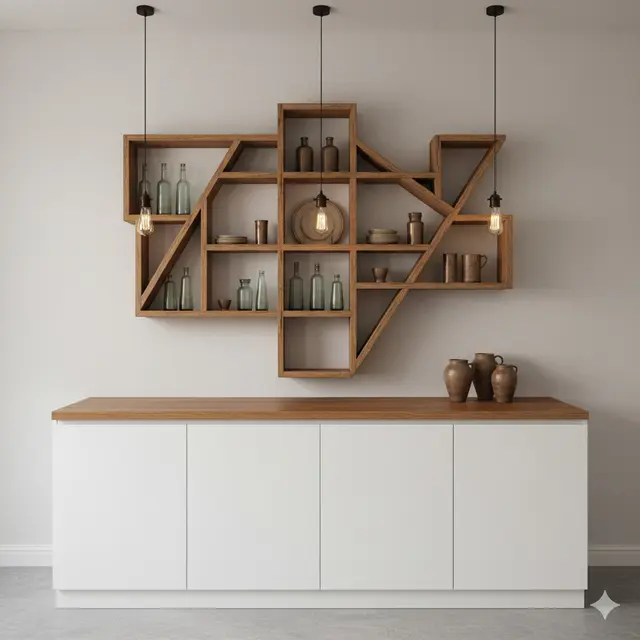 Desain Dapur Minimalis 2x3 Meter dengan Rak Kayu Gantung Ala Rustic Modern. Gemini