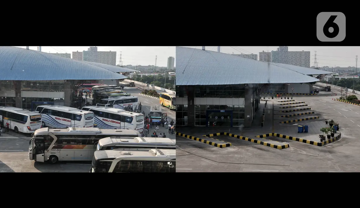 Foto kombo yang menunjukkan aktivitas pemudik pada H-8 Idul Fitri tahun lalu di Terminal Pulo Gebang, Jakarta, Selasa (28/5/2019) dan suasana sepi arus mudik akibat pandemi virus corona COVID-19 di Terminal Pulo Gebang, Minggu (17/5/2020). (merdeka.com/Iqbal S. Nugroho)