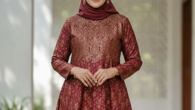 Gamis batik brokat berwarna maroon untuk ibu berusia 50 tahun (Foto: Gemini AI)