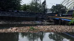 Penumpukan sampah ini terjadi akibat kiriman dari hulu yang menutupi aliran kali BKB yang kerap menimbulkan bau tak sedap dan rawan penyakit, Jakarta, Jumat (31/10/14). (Liputan6.com/Johan Tallo)