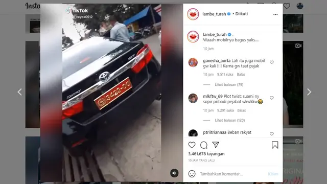 Tangkapan layar viral wanita pamer mobil berpelat dinas TNI