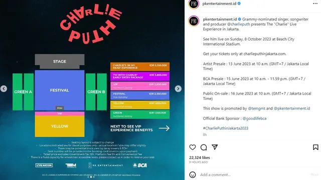 Konser Charlie Puth di Indonesia. (Instagram/ pkentertainment.id)