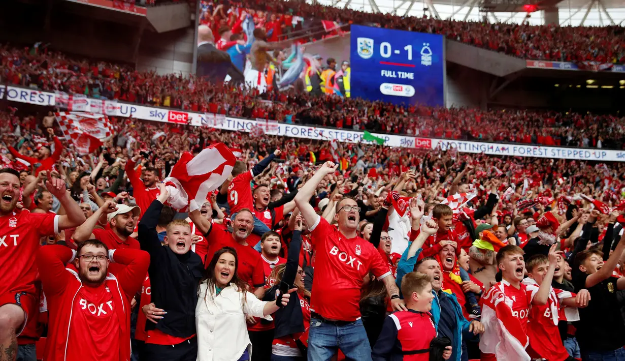 Tercatat, Nottingham terakhir kali bermain di kasta tertinggi Liga Inggris pada 1999. Kini, setelah 23 tahun berlalu, mereka akhirnya kembali bermain di level top. (AFP/Adrian Dennis)
