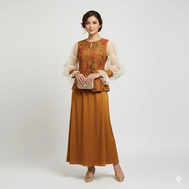 Model Blouse Batik Kombinasi Organza Lengan Bishop untuk Pesta Keluarga. Gemini