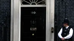 Petugas mengamati Larry, kucing berstatus PNS, yang sedang duduk di luar kantor PM Inggris, Downing Street 10, London, Rabu (13/7). Larry diadopsi dan dibawa ke Downing Street setelah seekor tikus tampak di dua siaran televisi. (Adrian Dennis/AFP)