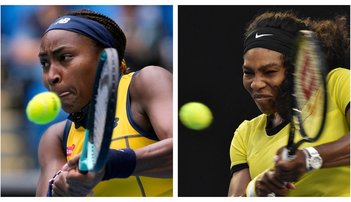 Ekspresi petenis Amerika Serikat, Coco Gauff (kiri) dan Serena Williams saat mengembalikan bola ke arah lawan di turnamen Australia Open. (Foto Kolase: AP Photo/Andy Wong dan AFP/Paul Crock)