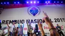 Menteri Desa, Pembangunan Daerah Tertinggal dan Transmigrasi Marwan Jafar (tengah) bersama Slank hadir dalam Forum Rambug Nasional 2015 di Jiexpo Kemayoran, Jakarta, (15/12). Forum tersebut bertema 'Desa membangun Indonesia'. (Liputan6.com/Faizal Fanani)