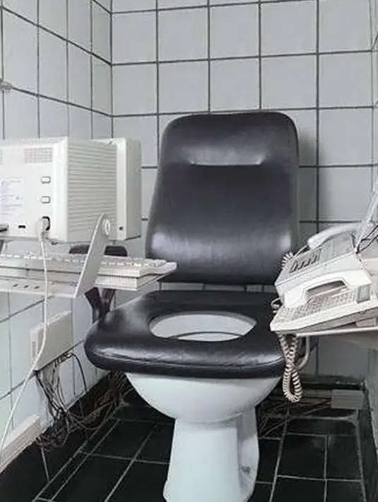 Toilet multifungsi yang bisa menjadi tempat duduk ini terletak di samping komputer, faksimili, dan telepon. (notincreible.com)