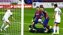 Pemain Barcelona, Martin Braithwaite, mencetak gol ke gawang Osasuna pada laga Liga Spanyol di Stadion Camp Nou,  Minggu (29/11/2020). Barca menang dengan skor 4-0. (AP/Joan Monfort)